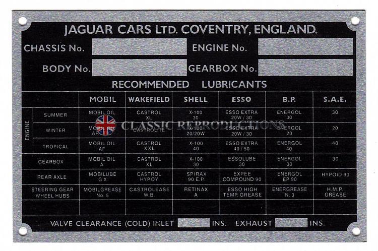 Chassis plate - Jaguar XK140, XK150 & early XKE 1956-61