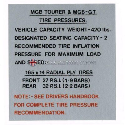 Tire Pressure label - MGB & MGB GT 1975 on