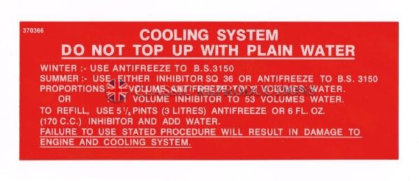 Cooling System label - Rover (P/N 370366) | Classic Reproductions