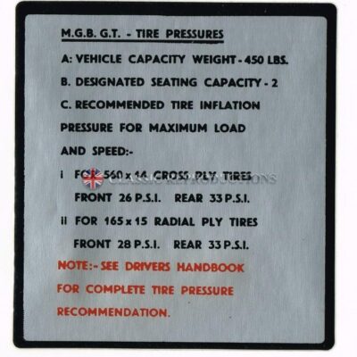 Tire Pressure label - MGB GT 1965-75