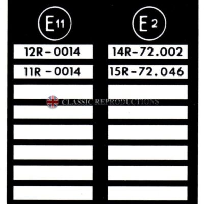 "E11/E2" patents label - Triumph Spitfire Mk IV