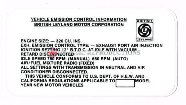 Engine Emission Control Label Emission Control label - Jaguar, E-Type V12, 1971-72, USA & California ...