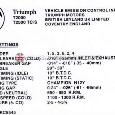Engine Settings label - Triumph (PN UKC5545)