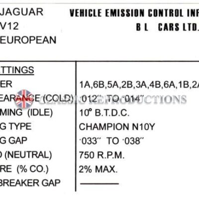 Emission Control label - Jaguar XJS V12 1978-80