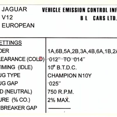 Emission Control label - Jaguar XJS V12 1975-77